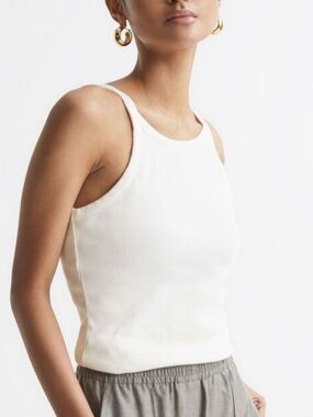 Reiss Size L Louisa Crew Neck Ribbed Cami Vest Top in White 98% Cotton